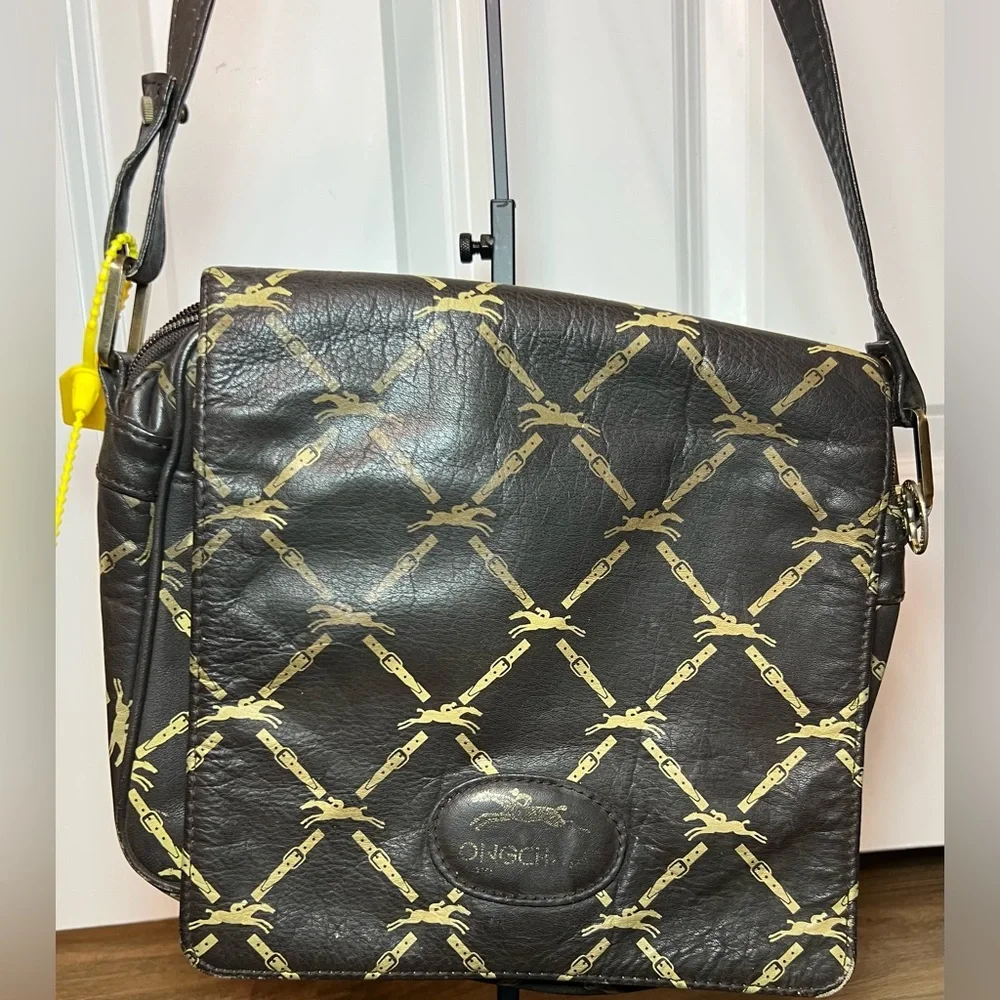 Longchamp Shoulder Bag Leather Dark Brown Horse Pattern